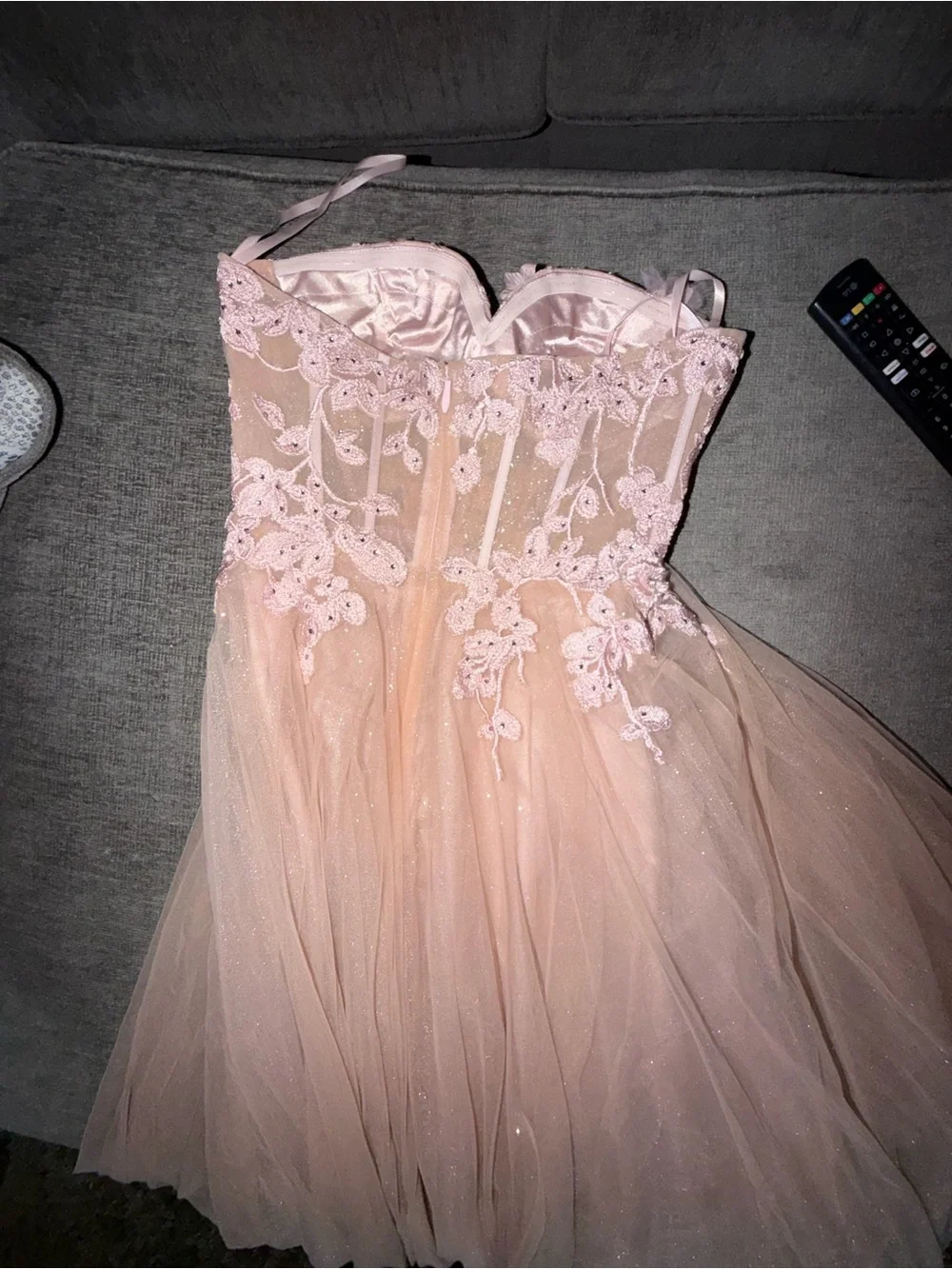 Windsor Strapless Blush Pink Floral Appliqué long Tulle Dress - Picture 4 of 5